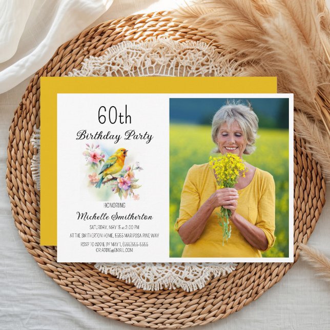 Vintage Birds Canaries Flowers 60th Birthday Photo Invitation (Yellow canary women's 60th birthday party photo invitation)