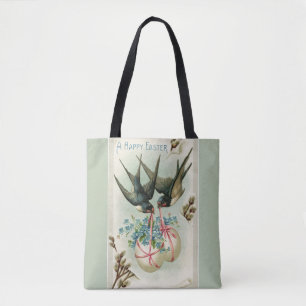 Vintage Birds Carrying Easter Eggs Green Tote Bag