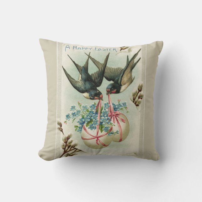 Vintage Birds Carrying Easter Eggs Throw Pillow (Front)