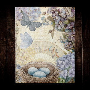 Vintage Birds Eggs and Nest Feather Hydrangea Jigsaw Puzzle