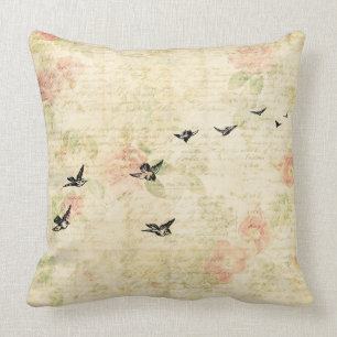Vintage Birds Elegant Floral Script Paper Style Throw Pillow