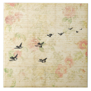 Vintage Birds Elegant Floral Script Paper Style Tile