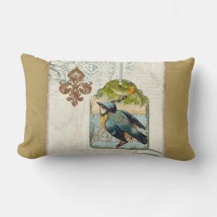 Vintage Birds Fleur de Lis Songbird Swirl Collage Lumbar Pillow