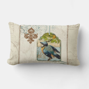 Vintage Birds Fleur de Lis Songbird Swirl Collage Lumbar Pillow
