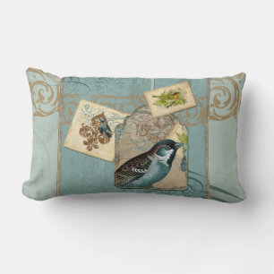 Vintage Birds Floral Postage Stamp Swirl Branch Lumbar Pillow