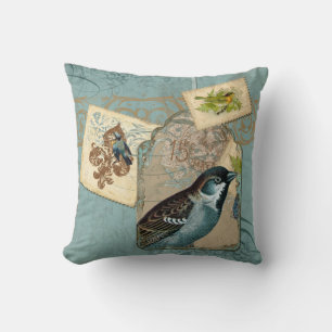 Vintage Birds Floral Postage Stamp Swirl Branch Throw Pillow