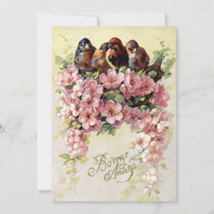 Vintage Birds & Flowers Happy New Year Holiday Card