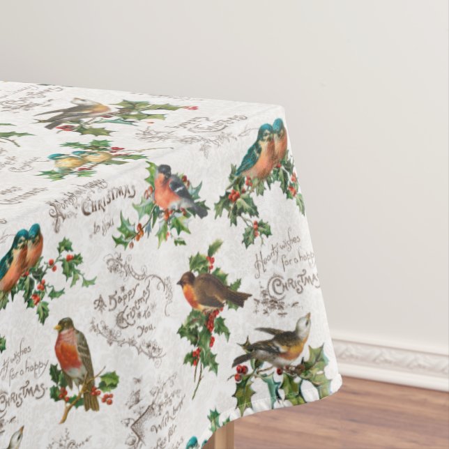 Vintage Birds, Holly & Christmas Greetings Tablecloth (In Situ)