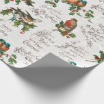 Vintage Birds, Holly & Christmas Greetings Wrapping Paper<br><div class="desc">Festive vintage pattern featuring colourful birds on holly branches with ornate engraved Christmas script greetings on light ecru swirly damask background. Pattern is repeatable and can be scaled up or down. Suitable for Christmas crafting and decoupage!</div>