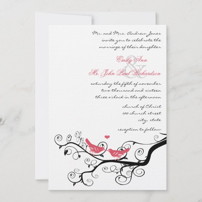 Vintage Birds Honeysuckle Pink Wedding Invite (Front)