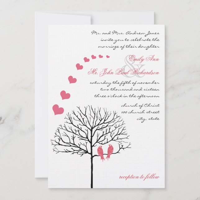 Vintage Birds Honeysuckle Pink Wedding Invite (Front)