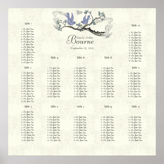 Vintage Birds Lavender and Yellow Seating Chart (Front)