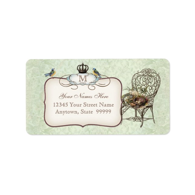 Vintage Birds' Nest in Chair, Wedding Invitation Label (Front)