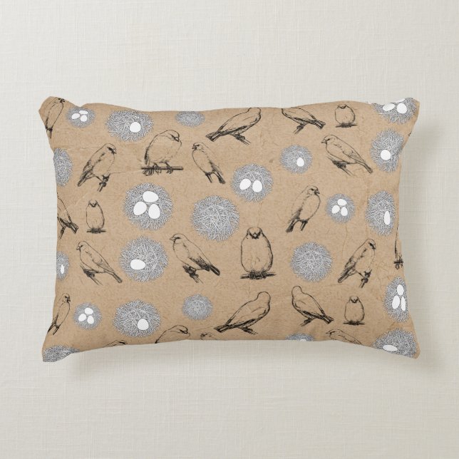 Vintage Birds & Nest Rustic Kraft Brown Accent Pillow (Front)