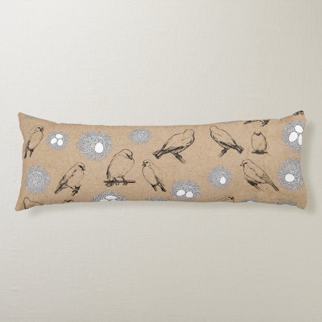 Vintage Birds & Nest Rustic Kraft Brown Body Pillow (Front)