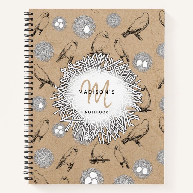 Vintage Birds & Nest Rustic Kraft Brown Notebook (Front)