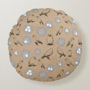 Vintage Birds & Nest Rustic Kraft Brown Round Pillow
