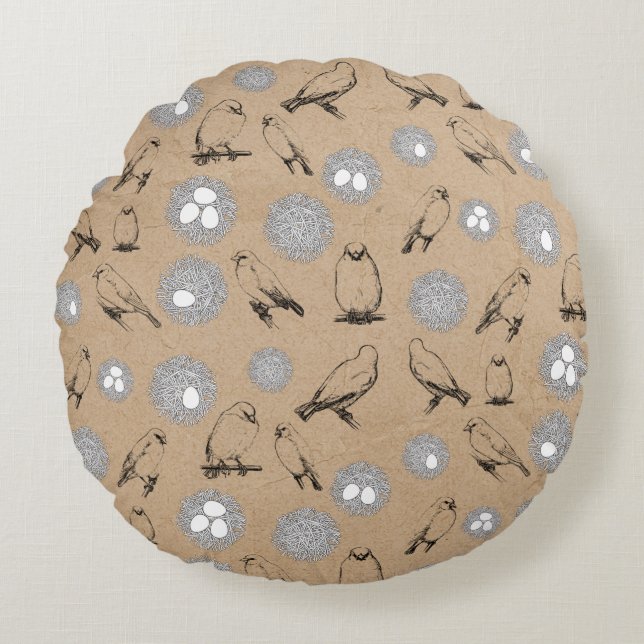 Vintage Birds & Nest Rustic Kraft Brown Round Pillow (Front)