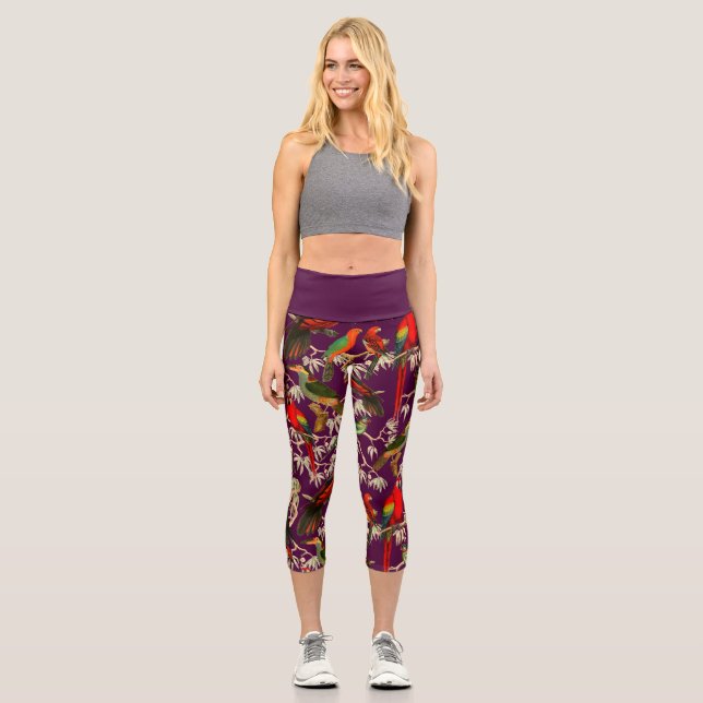 Vintage Birds of Paradise Purple  Capri Leggings (Front)