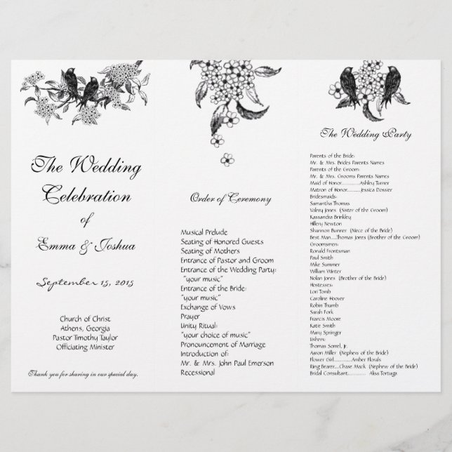 Vintage Birds on Branch TriFold Wedding Program (Front)