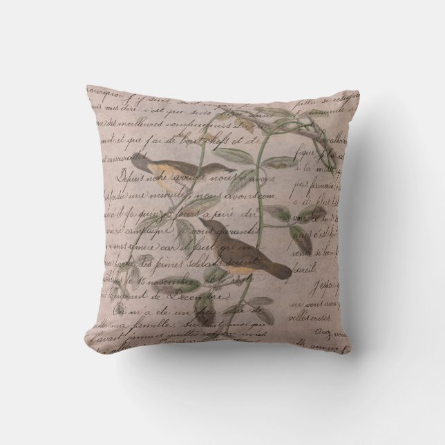 Vintage Birds on Branches with Writing Throw Pillow (Front)