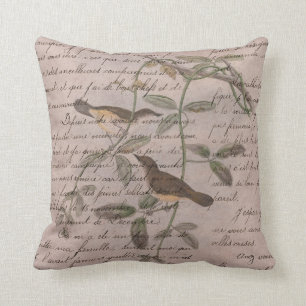 Vintage Birds on Branches with Writing Throw Pillow