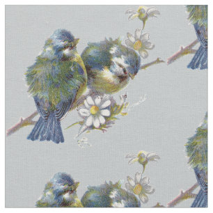 Vintage Birds on Grey Background Fabric