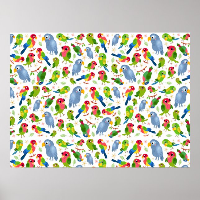 Vintage Birds Pattern, Colorful parakeet pattern Poster (Front)