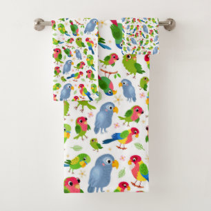 Vintage Birds Pattern, Colourful parakeet pattern Bath Towel Set