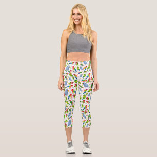 Vintage Birds Pattern, Colourful parakeet pattern  Capri Leggings