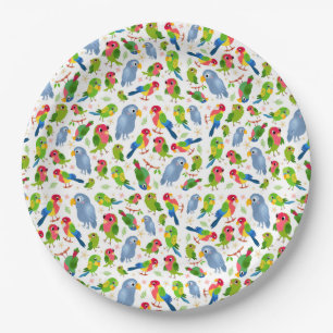 Vintage Birds Pattern, Colourful parakeet pattern Paper Plate