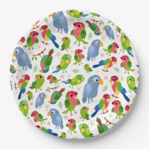 Vintage Birds Pattern, Colourful parakeet pattern Paper Plate