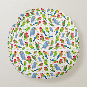Vintage Birds Pattern, Colourful parakeet pattern Round Pillow