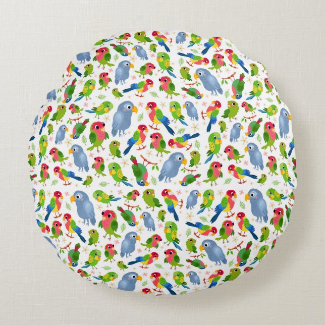 Vintage Birds Pattern, Colourful parakeet pattern Round Pillow (Front)
