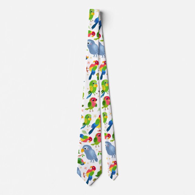 Vintage Birds Pattern, Colourful parakeet pattern Tie (Front)