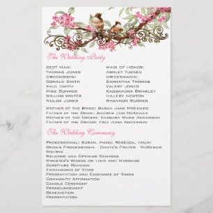 Vintage Birds Pink Musical Scroll Wedding Menu