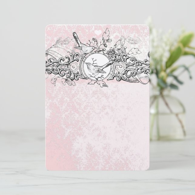 Vintage Birds Pink Musical Scroll Wedding Menu (Standing Front)