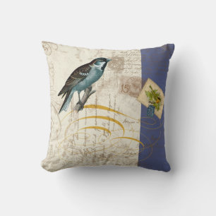 Vintage Birds Postage Stamp Songbird Swirl Collage Throw Pillow