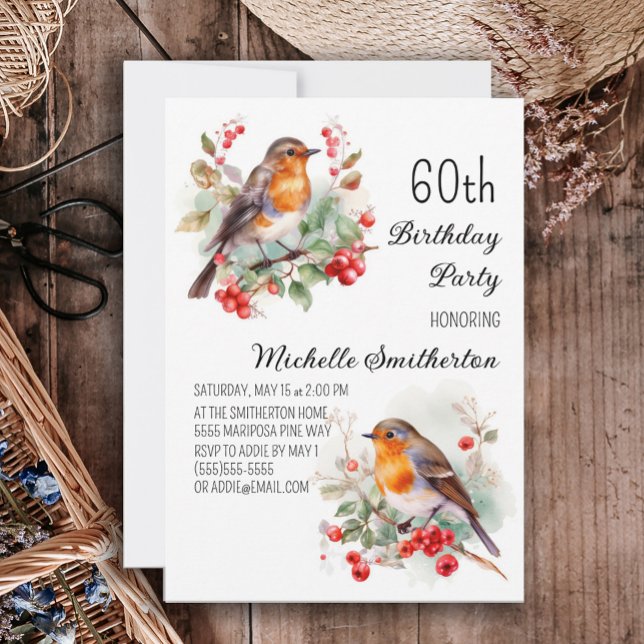 Vintage Birds Robin Redbreast 60th Birthday Invitation (Robin redbreast 60th birthday party invitation)