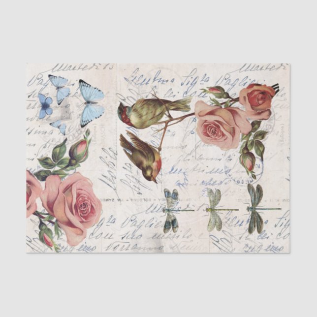 Vintage Birds Roses Dragonfly Cream Tissue Paper (Front)