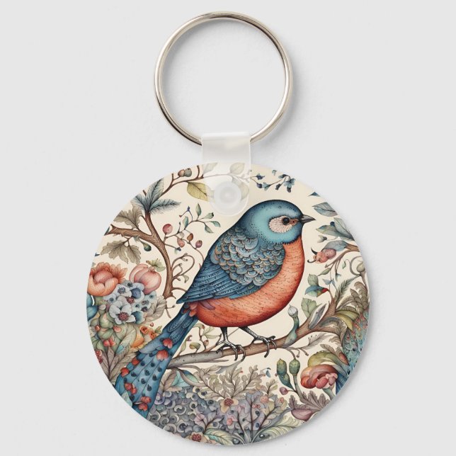 Vintage birds Scandinavian fabric design Keychain (Front)