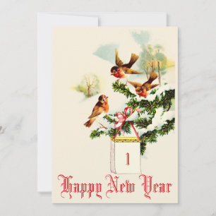 Vintage Birds & Scenic Landscape New Year Holiday Card