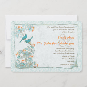 Vintage Birds Turquoise and Orange Damask Wedding Invitation