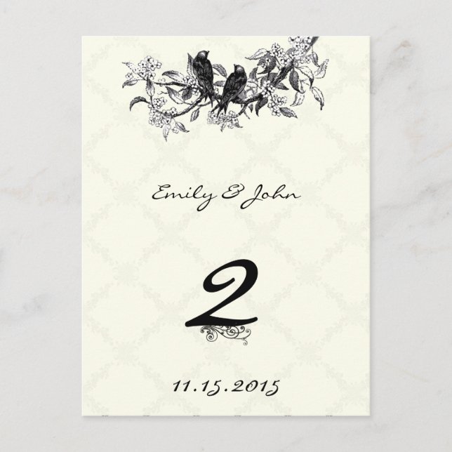 Vintage Birds Wedding Table Number Cards (Front)