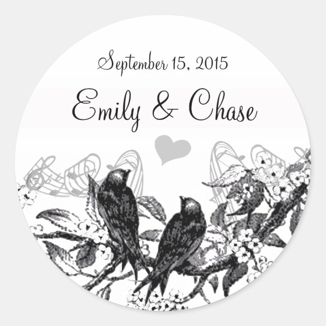 Vintage Birds White Flowers Wedding Stickers (Front)