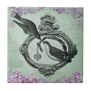 Vintage Birds With Heart Locket Apparel and Gifts Tile