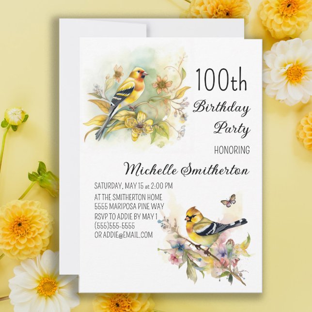 Vintage Birds Yellow Goldfinch 100th Birthday Invitation (Creator Uploaded)