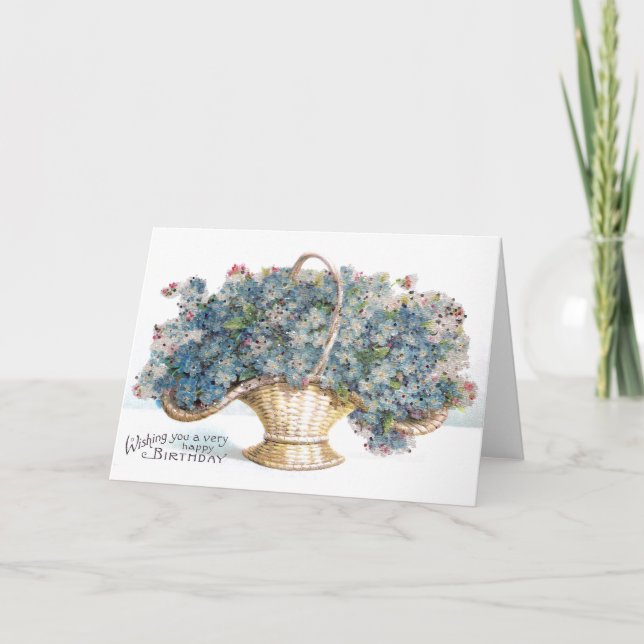 Vintage Birthday Beaded Basket of Blue Flowers Card (Front)