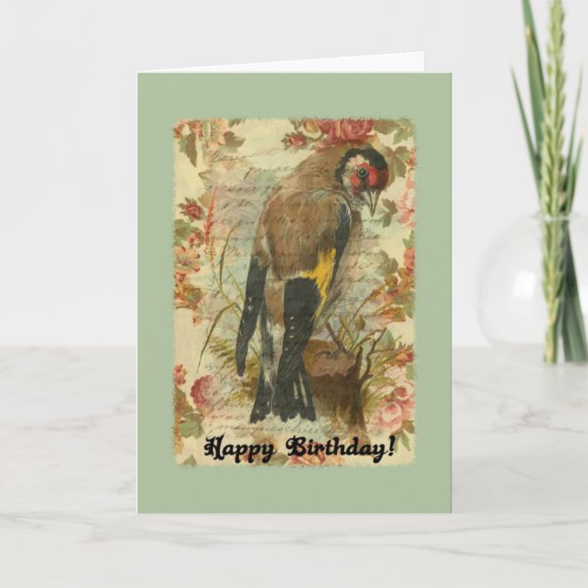 Vintage Birthday Bird With Floral Background Card (Front)