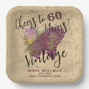 Vintage Birthday Cheers to 60 Years Wine Themed Paper Plate